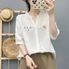 Camisa de Nuevo Estilo Verano 2026 con Mangas Medias, Bordado Artístico Vintage de Gasa de Algodón de Doble Capa, Top de Camisa Holgado y Versátil