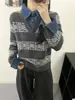 Suéter Pulôver Jeans Patchwork Estilo Europeu com Gola Lapela 2026 Novo Design de Primavera Top de Malha Jacquard para Mulheres