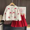 Conjunto de Otoño para Niñas Estilo Coreano Dulce Cárdigan con Lazo Conjunto de Dos Piezas Bebé Top de Manga Larga Falda Comercio Exterior