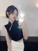 Chal de Mujer con un Diseño Elegante, Camisa Base con Escote de Cordones, Nuevo Estilo de Verano, Corto, Cuello Alto, Color Sólido, Top Sexy