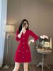 2025 Nuevo Vestido Rojo de Punto Estilo Dama Elegante Moderno de Alta Gama Adelgazante para la Cintura Cuello en V Falda Línea A para Mujer