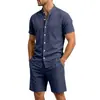 Conjunto de Camisa de Lino Casual Holgada Vintage de Color Sólido para Hombre con Cuello Alto de Manga Corta y Shorts - Amazon Transfronterizo Verano