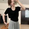 Tricô Casual de Gola U Estilo Coreano 2025 Verão Novo Versátil Roupa Externa Cor Pura Redutor de Idade Top de Manga Curta Camiseta Elegante para Mulheres