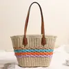 Nova Bolsa de Palha Listrada Arco-Íris para Mulheres, Bolsa Tote de Ombro de Grande Capacidade, Bolsa de Praia para o Litoral, Bolsa Tecida Artesanal para Férias