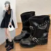 Botines elegantes de tacón grueso con punta redonda estilo francés al por mayor para mujer, nuevos y versátiles botines de moda slip-on de tacón alto para otoño e invierno 2026