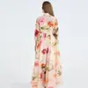 Foto Real de Vestido Estampado de Manga Larga Ajustado con Cinturón, Vestido Maxi de Cintura Alta con Dobladillo Amplio, Estilo Europeo y Americano
