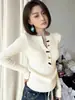 Top de punto para mujer con hilo de núcleo, botón de cuerno, cuello semiabierto, manga larga, nuevo top base vintage ajustado para mujer