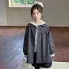 Jaqueta Trench Coat Infantil Outono Novo Estilo Coreano 2025 Moda Infantil Menina Grande Outono Cinza t Conjunto Trench Coat