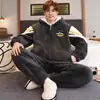 Pijama com Zíper Masculino Outono Inverno Coral Fleece Espessado Mais Veludo Quente Jovens Cardigan Roupas de Casa Conjunto Casual Masculino