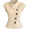 Estilo casual elegante, carcela diagonal, de abotoamento simples, gola alta, camisa feminina que acintura, novo design de verão, top curto estiloso e chique
