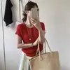 Design Estilo Coreano de Verão, Novo Cardigan de Tricô Versátil Simples com Gola Redonda Costurada Slimming de Manga Curta para Mulheres, Algodão Branco