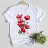 2025 Nova Camiseta Estampada com Flores de Manga Curta Top Casual de Manga Curta Feminino