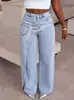 Amazon Transfronterizo Europa y América Diseño de Moda Cintura Alta Falso Dos Piezas Versátil Casual Salida Ropa de Mujer Jeans