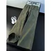 Calça jeans bootcut lavada verde militar para homens, outono, algodão puro, bolsos grandes, calça cargo, perna reta, solta, calça levemente flare