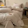 Manta de Cama de Color Sólido de Felpa de Leche Francesa Juego de Cuatro Piezas Cama Doble Funda de Edredón Más Terciopelo Sábana Bajera Rellena de Algodón Acolchada Juego Cálido de Invierno