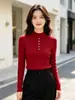 Suéter base de hilo de lana hilado en núcleo de dos piezas, manga larga, corte ajustado, jersey, elegante y moderno, cuello semi-alto, prenda de punto abotonada colorida para mujer