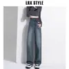 Jeans Reta Cintura Alta Feminino Outono e Inverno com Forro de Lã 2024 Novo Outono Preto Cinza Emagrecedor Skinny Perna Larga Calças