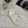 Meias retro com babados florais para mulheres, comprimento até a panturrilha, estilo coreano outono e inverno, estilo universitário, sem costura, fofas, modernas, meias de algodão