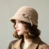 Chapéu balde de alta qualidade, para afinar o rosto, elegante e estiloso para mães, feito de lã, perfeito para outono e inverno, com design floral
