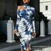 Transfronterizo Nuevo Estampado Digital Casual Personalidad Moda Temperamento Vestido de Manga Larga Hombros Descubiertos Falda Primavera y Otoño Mujer