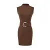 Vestido Bodycon Elegante sin Mangas de Cuello Medio Alto Ajustado para Mujer, Vestido Ajustado con Cinturón Estilo Puro Deseo, Vestido Corto Hot Girl