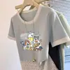 Camiseta de Manga Corta con Estampado Fresco Estilo Coreano, Borde de Encaje Versátil, Corte, Cuello Redondo, Color de Contraste, Top para Mujer de Verano
