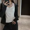 Camiseta feminina simples de manga comprida estilo coreano de fábrica, novo modelo 2026, ombro normal, top básico de linho com gola U para usar como peça externa