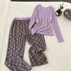 Pijama morado con estampado de estrellas, estilo dulce y femenino para mujer, conjunto de ropa para el hogar de manga larga y pantalón holgado, talla grande, para principios de otoño
