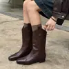 Botas Vaqueras Western de Piel de Vaca Completa Talla Grande 40-42 2026 Invierno Primavera Tacón Bajo Punta Cuadrada Piel Genuina Corte en V Botas de Media Caña para Mujer