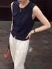 Chaleco de Punto Retro Azul Marino con Cuello Redondo para Mujer, Ropa de Capa de Verano, Camiseta sin Mangas Holgada de Corte Ajustado