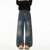 Jeans de Pierna Recta con Parches Rayados Estilo Retro Americano para Hombre Verano Diseño de Calle Alta Cintura Alta Sueltos Caída Amplia Pantalones de Pierna Ancha