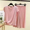 Conjunto de Pantalón Recto de Manga Corta con Cuello Redondo de Modal para Mujer Verano Nuevo Estilo Coreano Holgado Adelgazante para Casa Conjunto de Dos Piezas