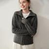 Novo Cardigã de Malha Cashmere com Zíper Floral Feminino para Outono e Inverno com Gola Reversível Macia, Elegante Casaco Curto
