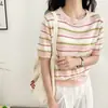 Camiseta de Manga Curta para Mulheres, Nova Blusa de Tricô Listrada Estilosa de Verão 2026, Camisa Fina de Meia Manga, Linda Blusa