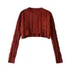 Suéter Retrô Americano Feminino Manga Longa Personalidade Pulôver Gola Redonda Tricô Trançado Super Curto Cropped Revelando o Umbigo Top de Tricô Moda Emagrecedor