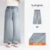 Pudding Haru Ropa de Otoño Niñas Ropa Infantil Jeans de Pierna Ancha 2026 Otoño Nuevo Estilo Infantil Moderno Genial Caliente Pantalones con Pedrería