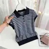Top de manga corta a rayas con cuello camisero estilo mamá joven para verano 2026 para mujeres de mediana edad y mayores, elegante camiseta de talla grande