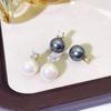 Brincos Redondos de Pérola da Família S Japoneses e Coreanos, Brincos de Laço Incrustados com Zircônia, Brincos Exquisitos de Moda Versátil Cinza Claro Forte