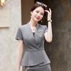 Ropa de Verano Nueva del Fabricante Traje Gris de Cuello en V y Manga Corta Falda Traje de Dos Piezas Ropa de Trabajo Moderna para Hotel Joyería