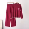 Conjunto de Tricô Novo da Moda Europeu e Americano Transfronteiriço Conjunto de Duas Peças de Tricô com Top de Gola Semi-alta com Bolso Bordado + Calça de Barra Reta