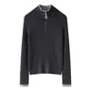 Suéter de punto color block estilo minimalista para mujer, top de punto acanalado ajustado de cuello alto con media cremallera, cálida capa interior base