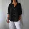 2025 Moda Verão Europeia e Americana Transfronteiriça Nova Exportação Camisa Solta Feminina Gola V Algodão e Linho Botão Camiseta Top para Mulheres