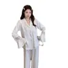 Pijama de Encaje Hueco a Rayas de Seda Helada para Mujer Primavera Verano Perezoso de Gama Alta Holgado Casual Ropa de Casa