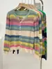 Cardigan Suéter de Tricô Colorido Europeu Transfronteiriço Feminino Primavera Novo Gola V Listrado Vazado Top Base Suéter de Manga Longa