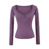 Xmy2535-25 Nuevo Estilo de Verano Estilo Coreano Sexy Pura Pasión Sexy Cuello Corazón de Melocotón Botón en la Cintura Manga Larga Camiseta Básica