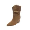 Botas Femininas de Couro Genuíno de Camada Superior, Botas de Cano Médio, Moda Feminina, Botas de Cano Curto, Chegada Nova de Inverno, Bico Fino, Salto Grosso, Botas de Salto Alto, Botas Femininas Arredondadas, Botas de Cano Médio de Couro Genuíno