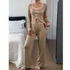 Pijama de otoño e invierno para mujer Xiyin Amazon transfronterizo con cuello cuadrado y lazo, conjunto de loungewear casual de moda de manga larga y pantalón largo
