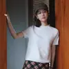 Um momento tranquilo: Suéter de tricô de manga curta 100% lã merino em estilo coreano, com caimento solto, barra enrolada e gola semi-alta, projetado para mulheres