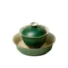 Juego Gaiwan de Cerámica Turquesa Glaseado de Caramelo de Tres Piezas, Juego de Té Kung Fu Fresco y Elegante, Exquisita Taza de Té para Preparar y Servir Té