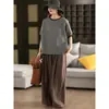En stock Camisa de Lino Artística a Cuadros Teñidos con Hilo para Mujer de Cuello Redondo en Contraste Manga Corta Holgada de Verano